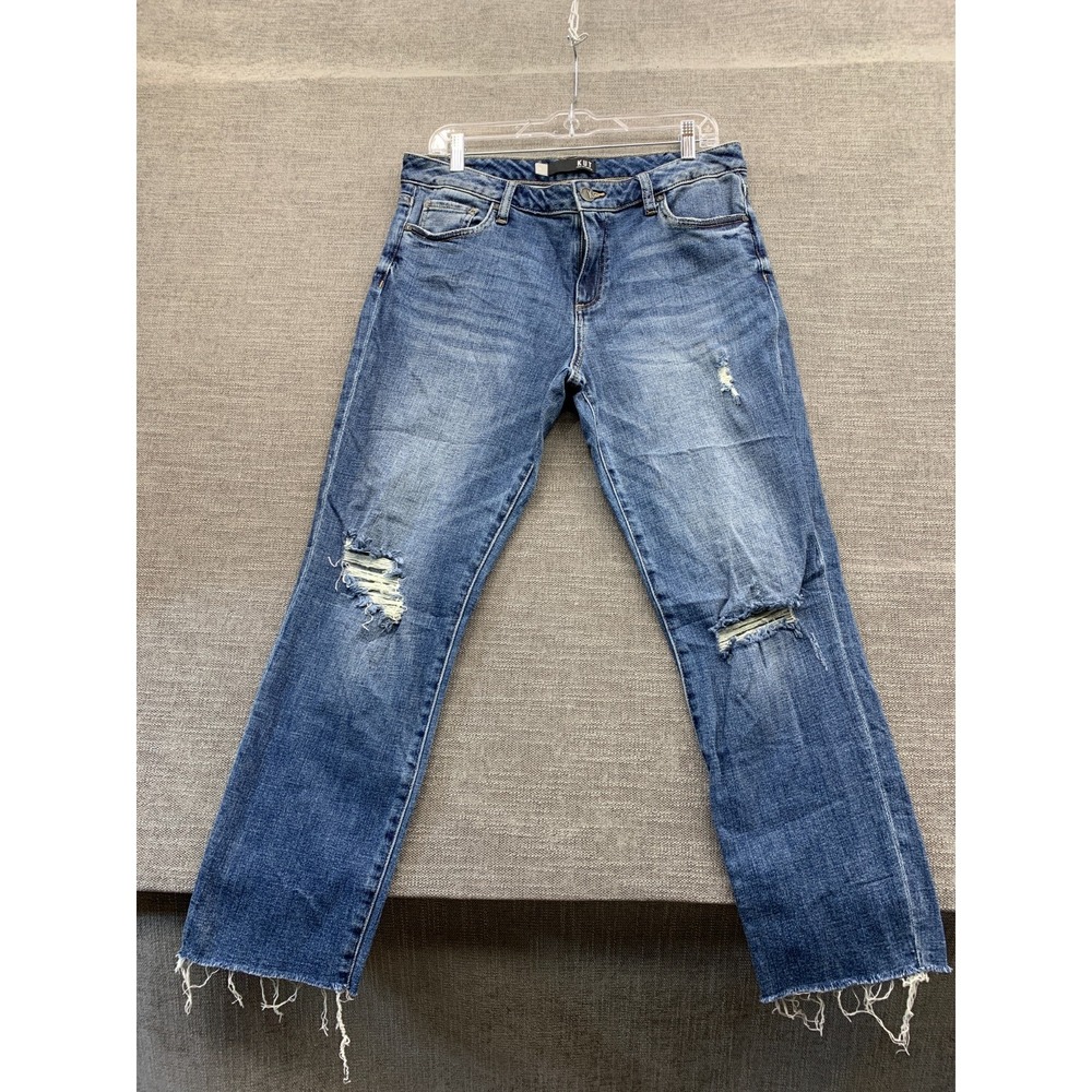 Kut From The Kloth Jeans Womens 10 Blue Denim Distressed Straight Leg Raw‎ Hem